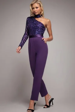 One Shoulder Sequin Jumpsuit - Purple by Goddiva