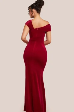 One Shoulder Velvet Maxi Dress - Red by Goddiva