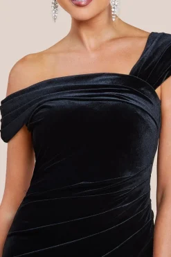 One Shoulder Velvet Maxi Dress - Black by Goddiva