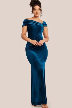 One Shoulder Velvet Maxi Dress - Teal by Goddiva