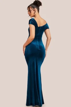 One Shoulder Velvet Maxi Dress - Teal by Goddiva