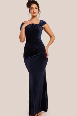 One Shoulder Velvet Maxi Dress - Navy by Goddiva