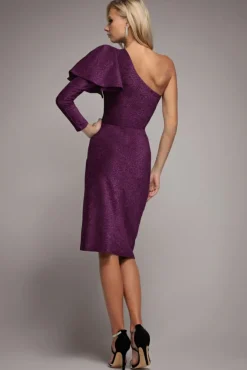 One Sleeve Frill Lurex Midi Dress - Purple by Goddiva
