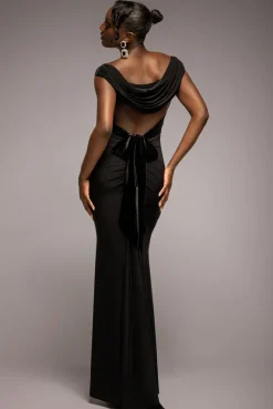 Open Back Cowl Neck Gathered Maxi Dress With Velvet Tie Back - Black by Goddiva