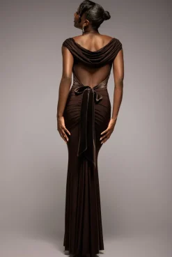 Open Back Cowl Neck Gathered Maxi Dress With Velvet Tie Back - Brown by Goddiva