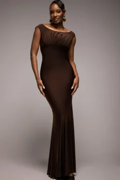 Open Back Cowl Neck Gathered Maxi Dress With Velvet Tie Back - Brown by Goddiva