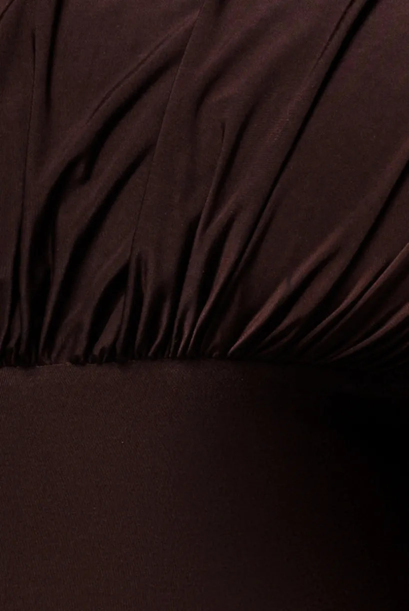 Open Back Cowl Neck Gathered Maxi Dress With Velvet Tie Back - Brown by Goddiva