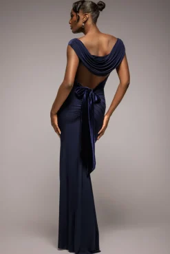 Open Back Cowl Neck Gathered Maxi Dress With Velvet Tie Back - Navy Blue by Goddiva