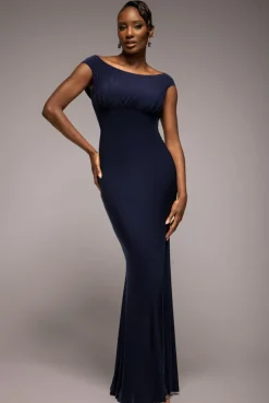 Open Back Cowl Neck Gathered Maxi Dress With Velvet Tie Back - Navy Blue by Goddiva
