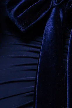 Open Back Cowl Neck Gathered Maxi Dress With Velvet Tie Back - Navy Blue by Goddiva