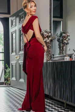 Open Back Cowl Neck Gathered Maxi Dress With Velvet Tie Back - Wine by Goddiva