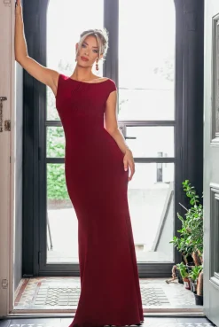 Open Back Cowl Neck Gathered Maxi Dress With Velvet Tie Back - Wine by Goddiva