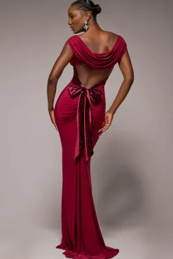 Open Back Cowl Neck Gathered Maxi Dress With Velvet Tie Back - Wine by Goddiva