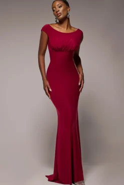 Open Back Cowl Neck Gathered Maxi Dress With Velvet Tie Back - Wine by Goddiva