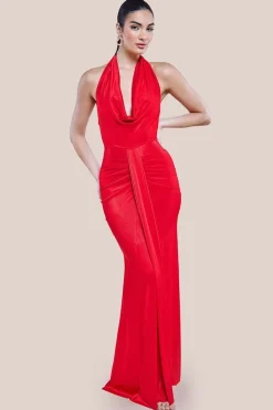 Open Back Cowl Neck Maxi Dress - Red by Goddiva
