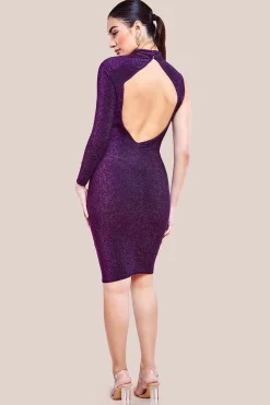 Open Back One Sleeve Lurex Midi - Purple by Goddiva