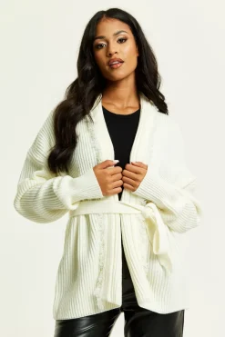 Open Front Cream Cardigan With Fringe Details by Liquorish