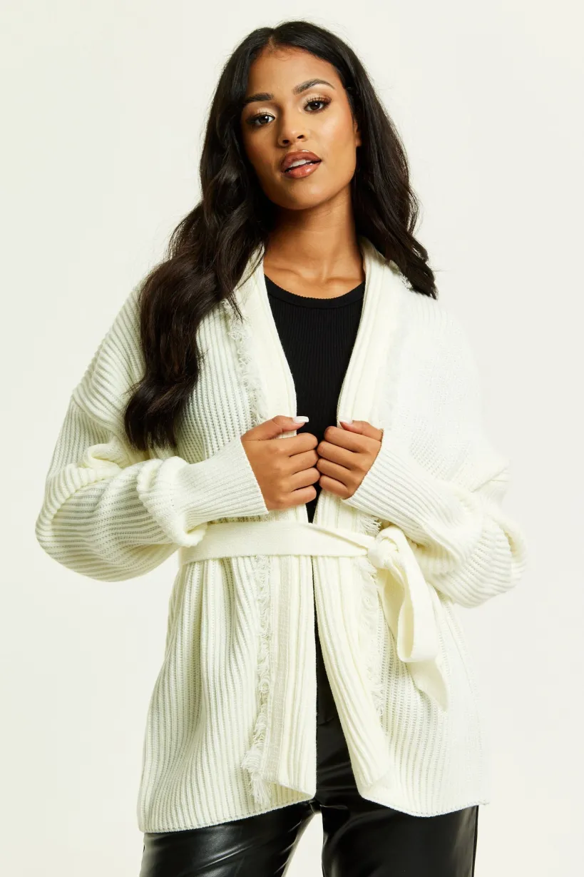 Open Front Cream Cardigan With Fringe Details by Liquorish