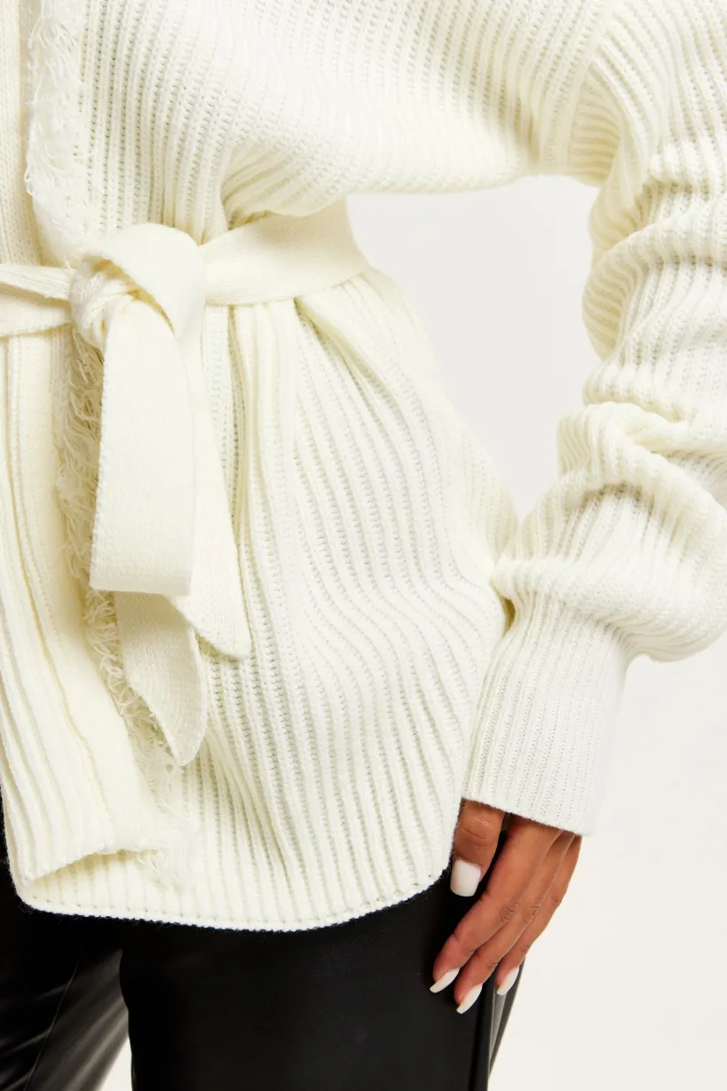 Open Front Cream Cardigan With Fringe Details by Liquorish