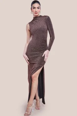 Open Lurex Back One Sleeve Maxi Dress - Bronze by Goddiva
