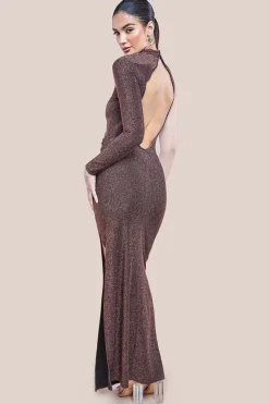 Open Lurex Back One Sleeve Maxi Dress - Bronze by Goddiva