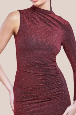 Open Lurex Back One Sleeve Maxi Dress - Red by Goddiva