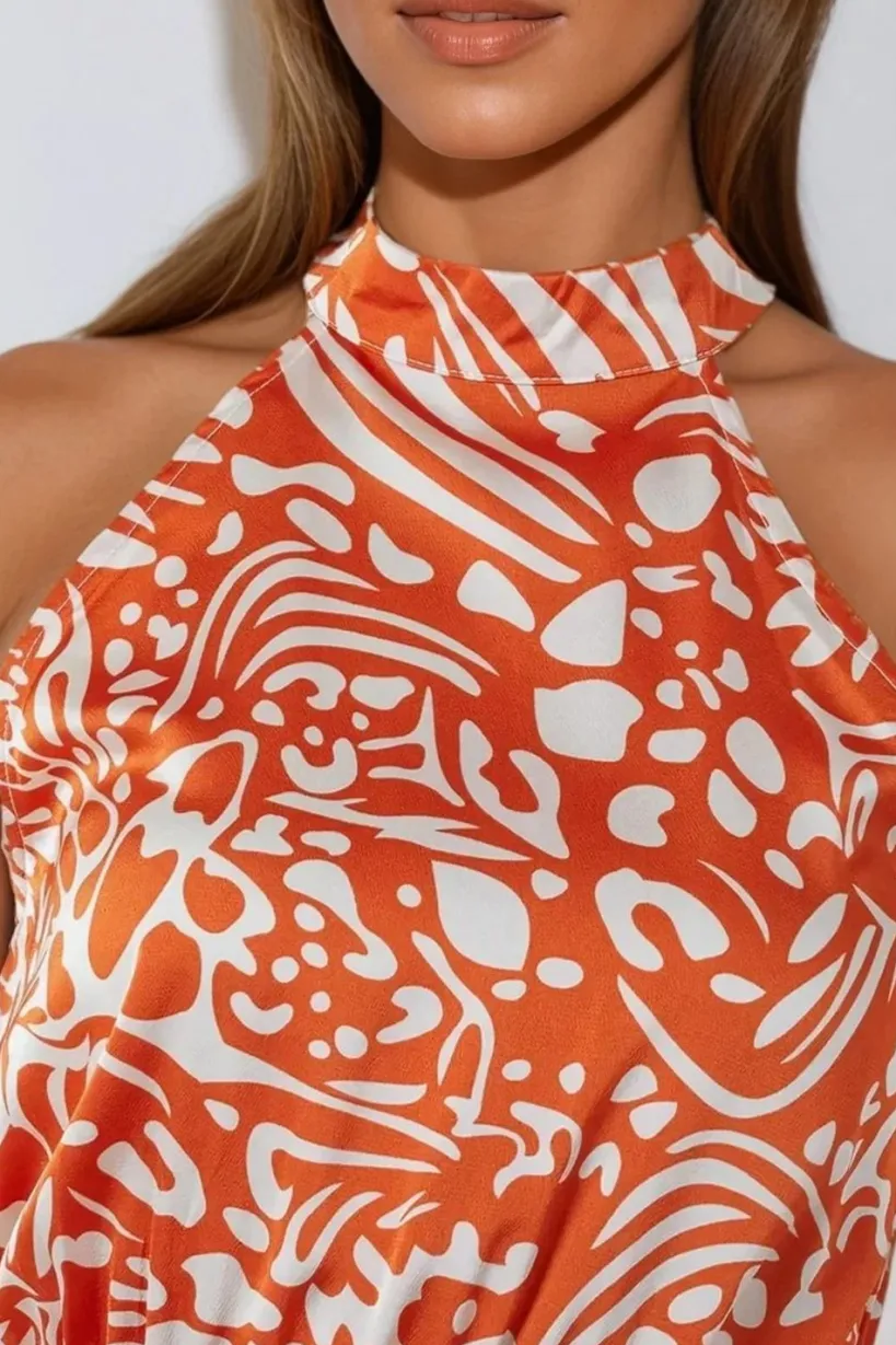Orange Floral Halterneck Wrap Midi Dress by Aftershock London