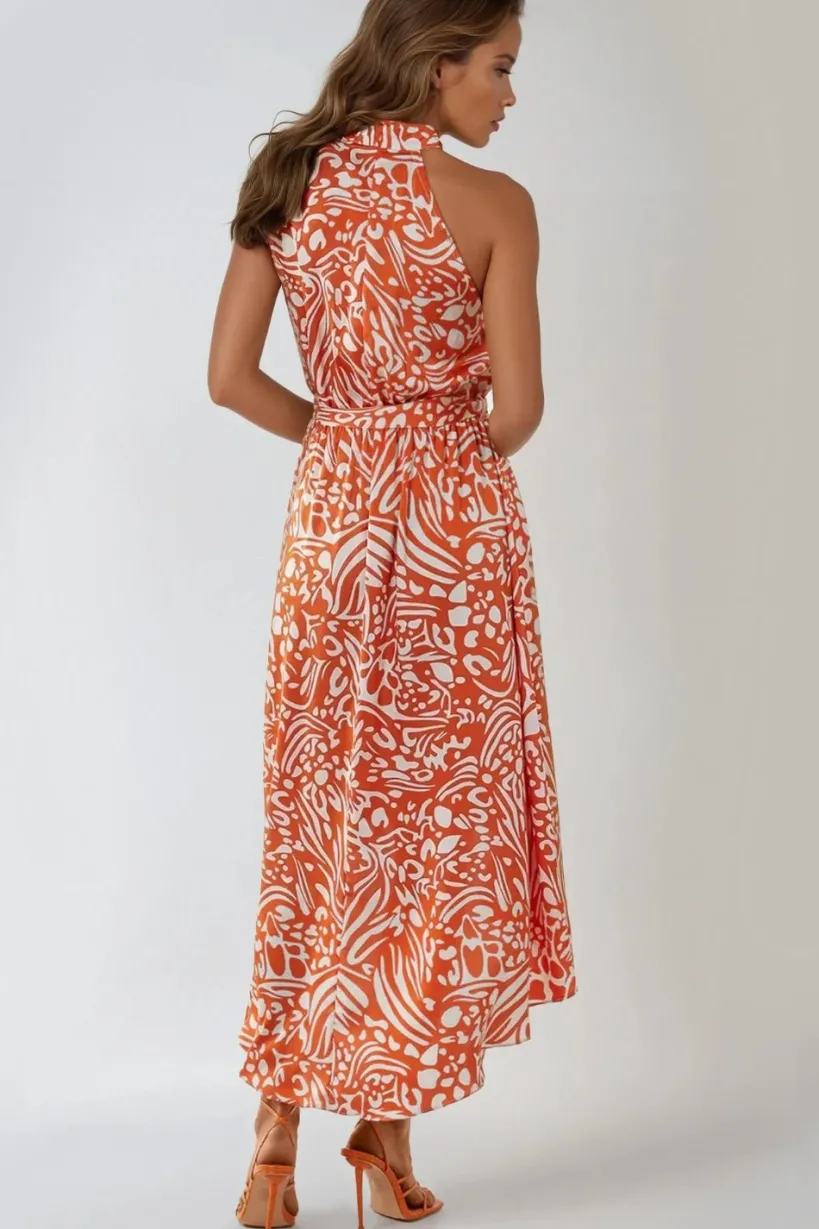 Orange Floral Halterneck Wrap Midi Dress by Aftershock London