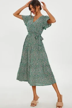 Orange Floral Print Hem Tiered Wrap Midi Dress In Green by FS Collection