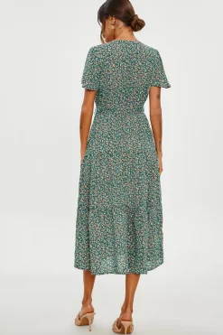 Orange Floral Print Hem Tiered Wrap Midi Dress In Green by FS Collection