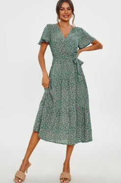 Orange Floral Print Hem Tiered Wrap Midi Dress In Green by FS Collection