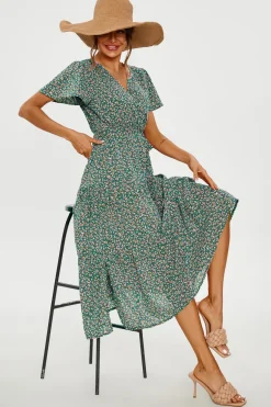 Orange Floral Print Hem Tiered Wrap Midi Dress In Green by FS Collection