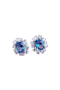 Oval Cubic Zirconia Surround Earring In Light Blue & Gold by Last True Angel