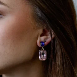 Oval Twin Gem Post Earring In Soft Pink & Royal Blue by Last True Angel