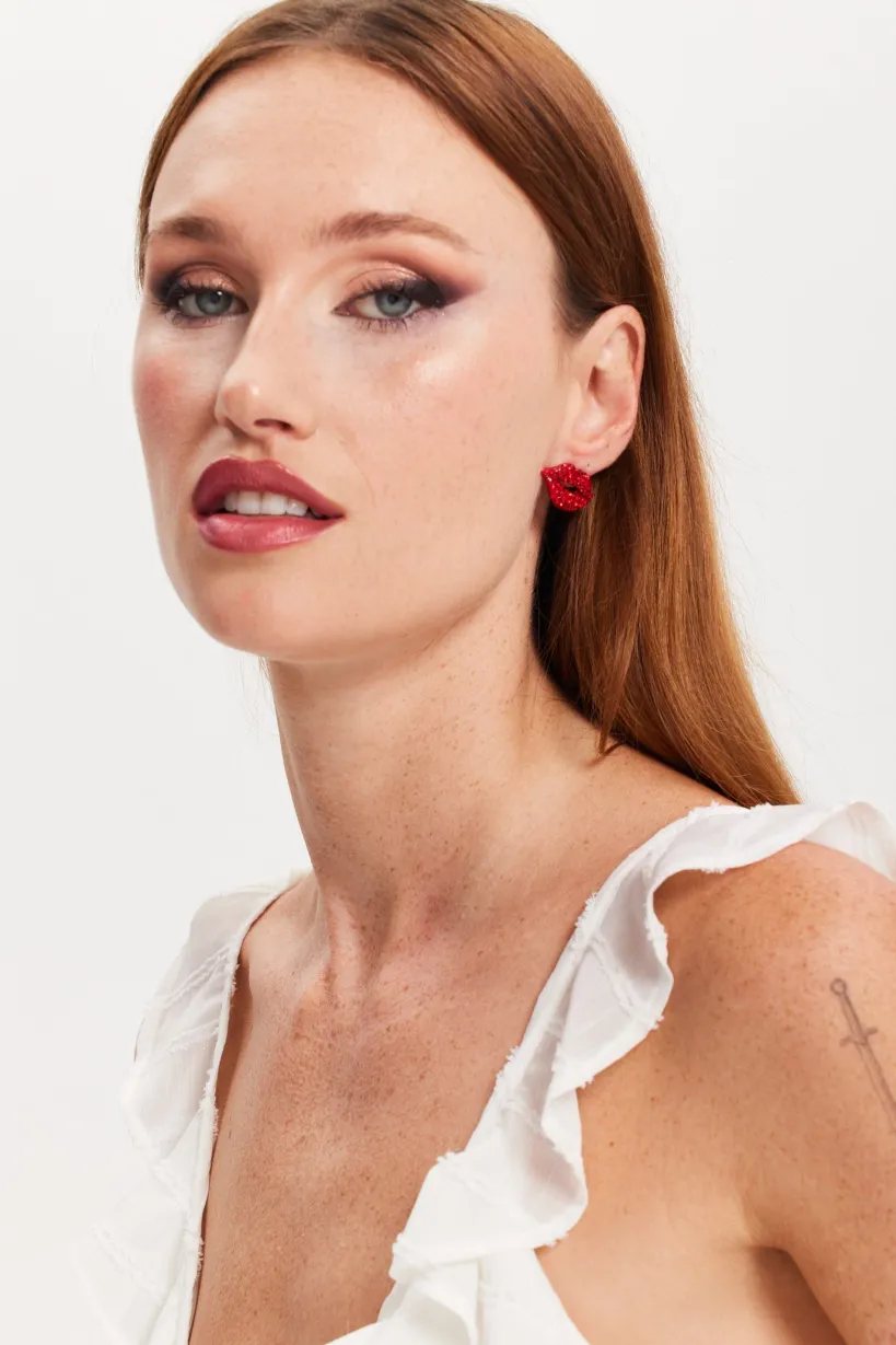 Pair Of Lips Stud Earrings With Rhinestone Embellishment In Red by Liquorish