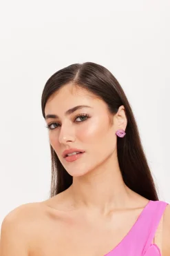 Pair Of Lips Stud Earrings With Rhinestone Embellishment In Pink by Liquorish