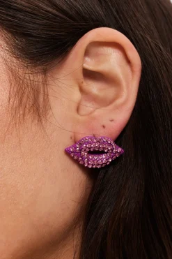 Pair Of Lips Stud Earrings With Rhinestone Embellishment In Pink by Liquorish