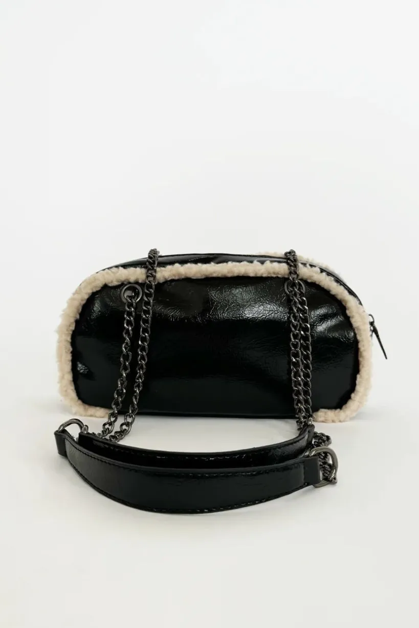 Patent Shoulder Bag With Borg Fur Trim by SVNX