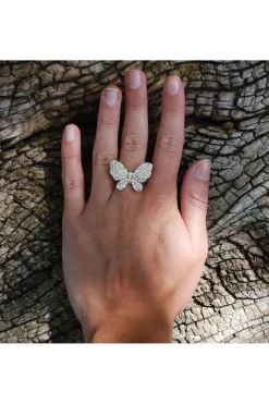 Pearl & Crystal Encrusted Butterfly Ring In Gold by Last True Angel