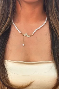 Pearl Chain Necklace With Butterfly Pendant - Gift Boxed by SVNX