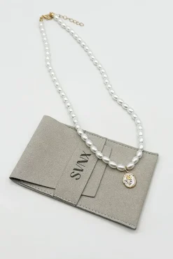 Pearl Chain Necklace With Gold Flower Pendant - Gift Boxed by SVNX