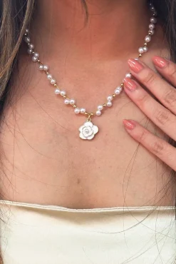 Pearl Chain Necklace With Camellia Pendant - Gift Boxed by SVNX