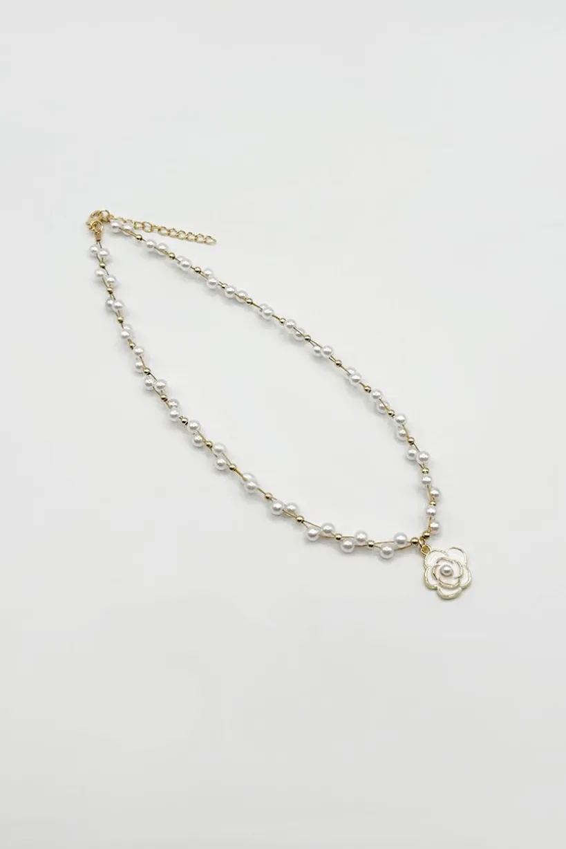 Pearl Chain Necklace With Camellia Pendant - Gift Boxed by SVNX