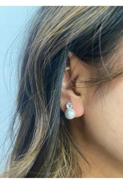 Pearl Diamante Earrings In Silver by SVNX