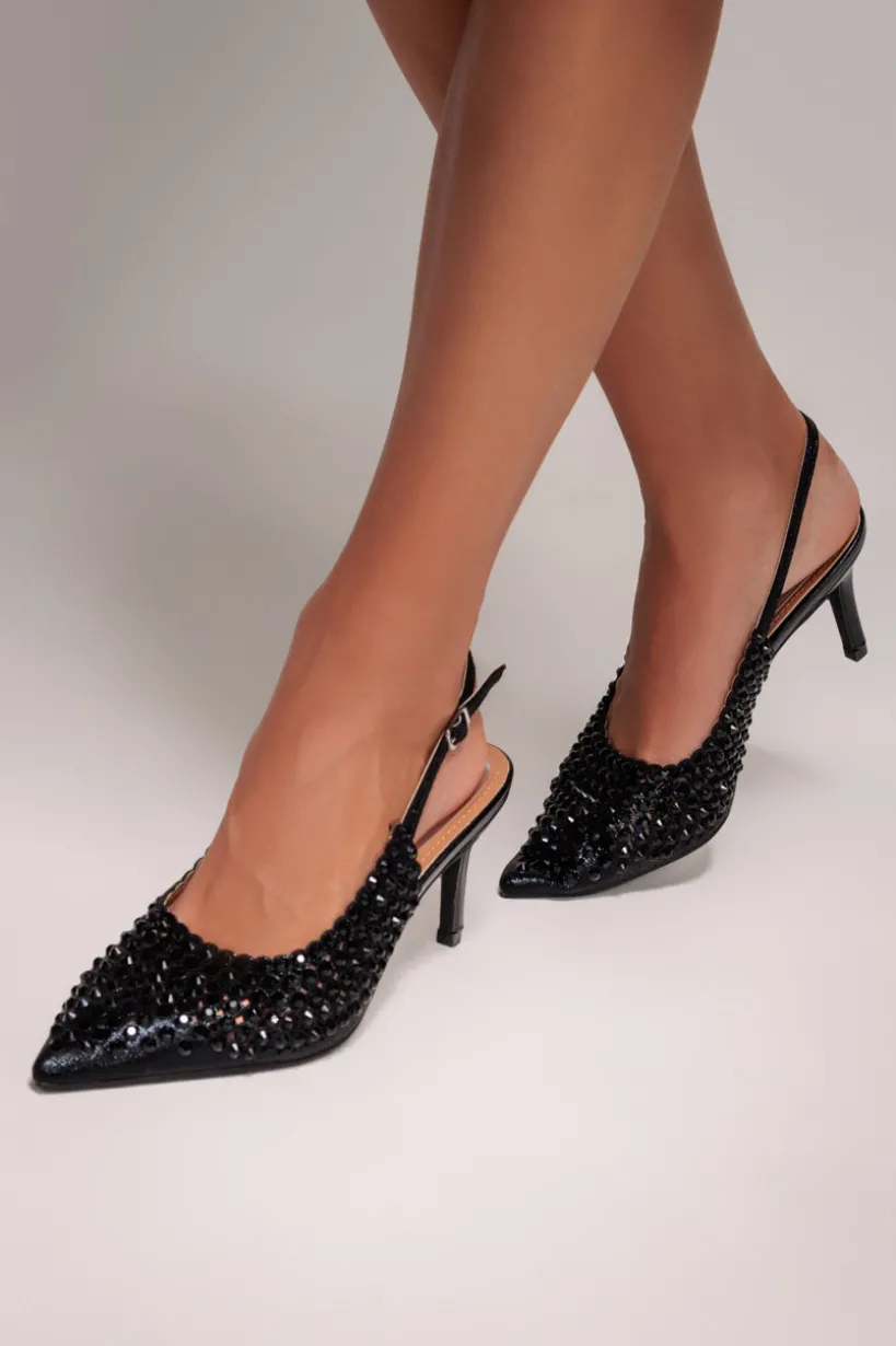 Pearl Embellished Slingback Heeled Court Shoes - Black by Goddiva