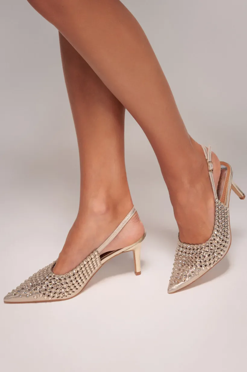 Pearl Embellished Slingback Heeled Court Shoes - Gold by Goddiva