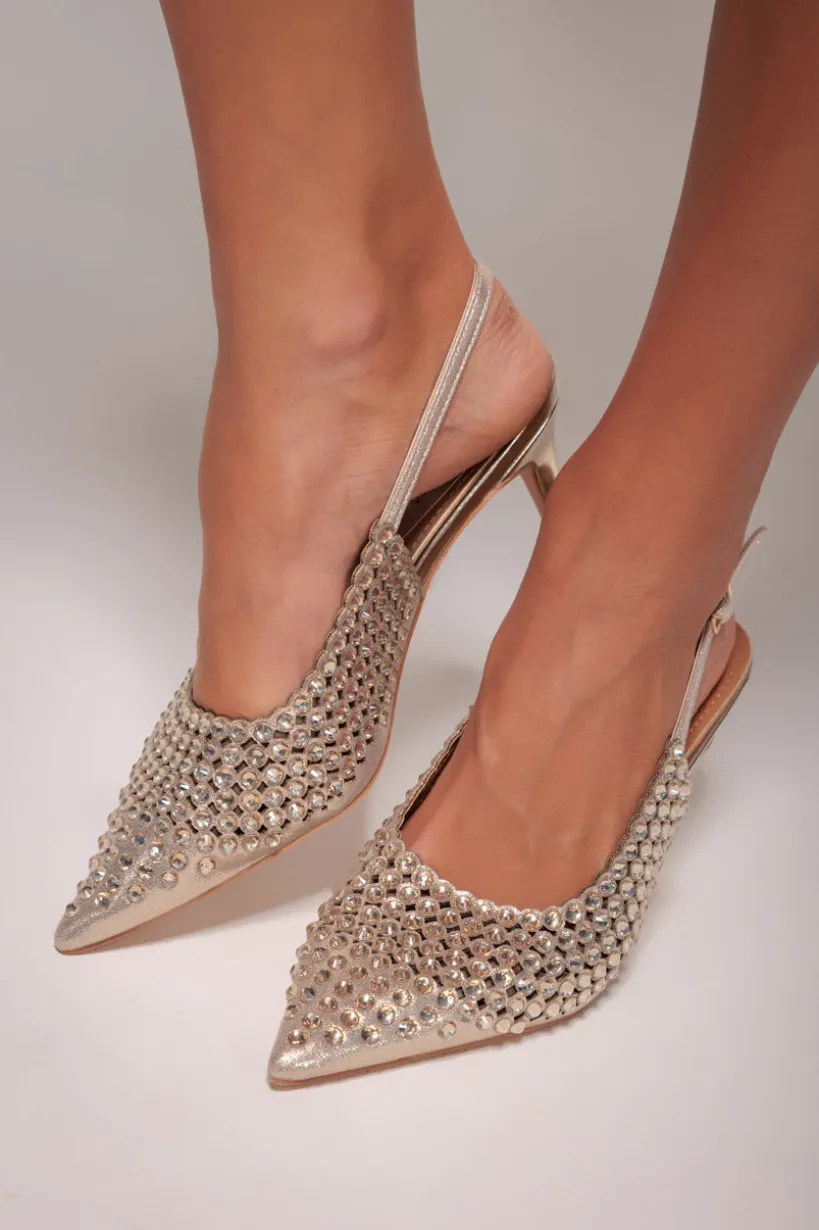Pearl Embellished Slingback Heeled Court Shoes - Gold by Goddiva