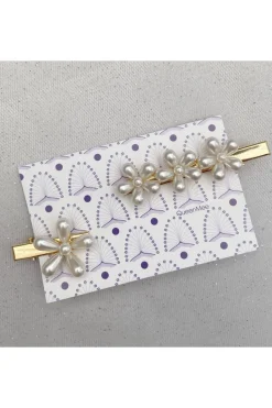 Pearl Hair Grips Flower Hair Clips Gold Crocodile Hair Clips Set Of 2 by QueenMee Accessories