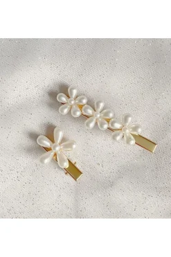 Pearl Hair Grips Flower Hair Clips Gold Crocodile Hair Clips Set Of 2 by QueenMee Accessories