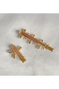 Pearl Hair Grips Flower Hair Clips Gold Crocodile Hair Clips Set Of 2 by QueenMee Accessories